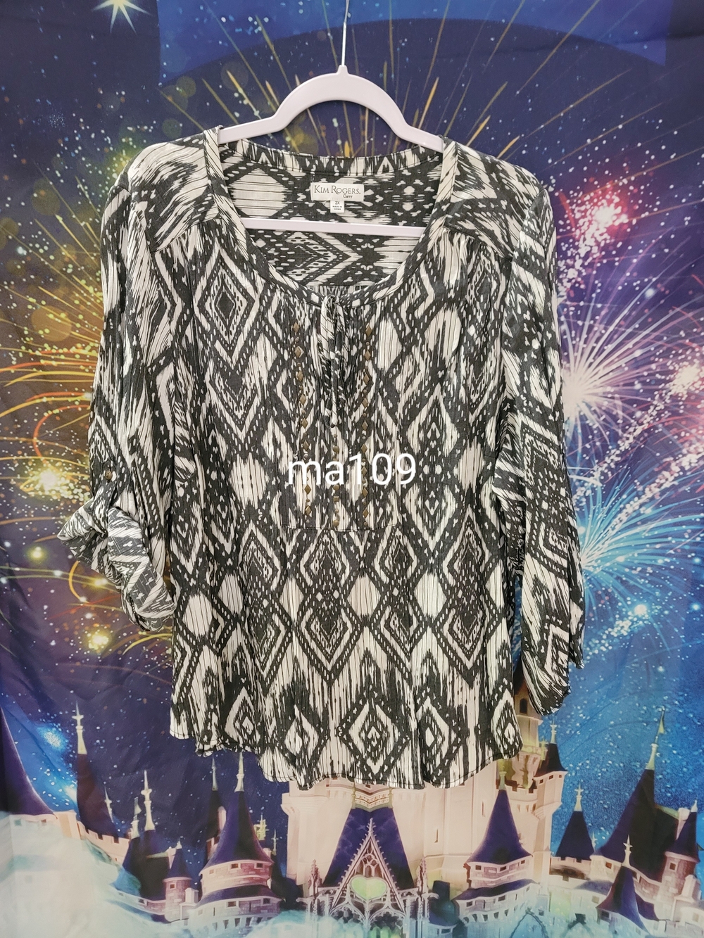 Kim Rogers Black & White Patterned Peasant Blouse